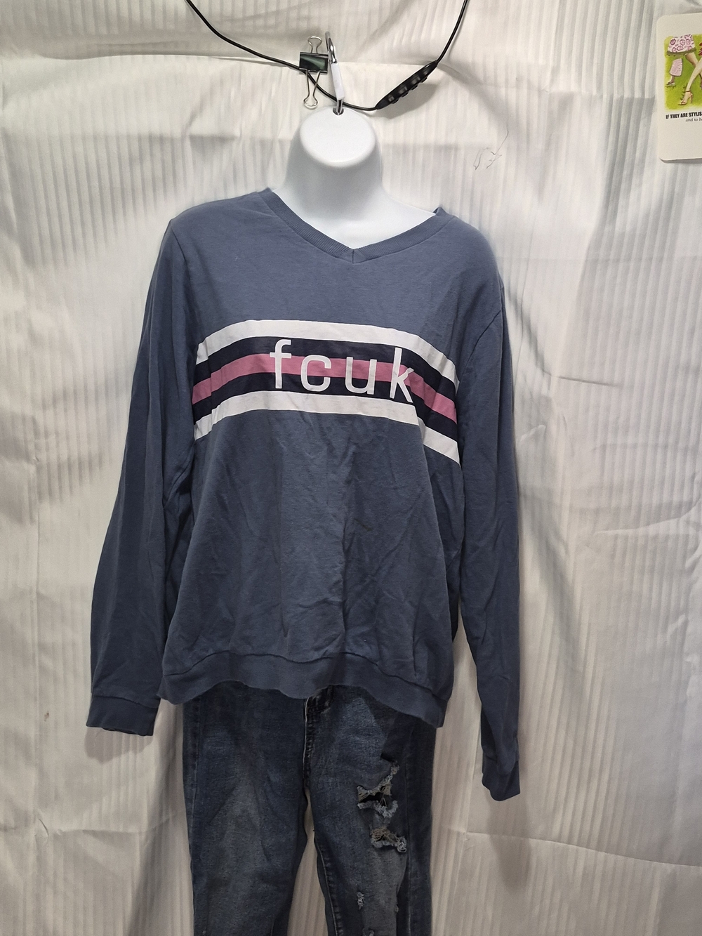 French Connection Blue V-Neck Sweater with Pink & White Stripes Size Large